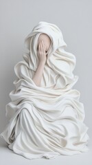 Emotion in silence: draped figure in soft white fabrics expressing contemplation and mystery