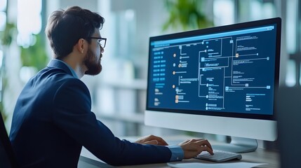 Businessman Examining Workflow Diagram Analyzing Business Process Algorithm