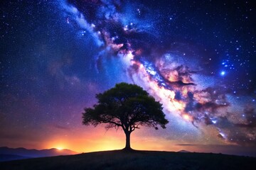 Stunning Night Sky Landscape with Tree Silhouette and Milky Way for Astrophotography Lovers
