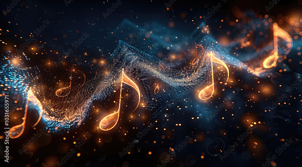 Poster a series of glowing musical notes flowing gracefully, with a soft and ethereal glow. the background 