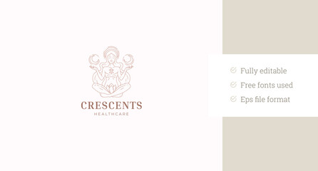 Sacred woman meditation lotus yoga line art logo design template vector illustration. Spiritual mythology female goddess with crescent linear logotype for spa wellness relax medicine cosmetology