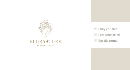 Beautiful botanical woman floral rhombus portrait line art logo design template vector illustration. Elegant female blossom face minimalist linear logotype for makeup artist cosmetology beauty brand