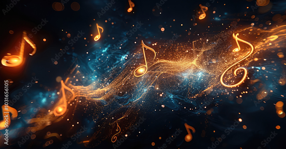 Poster a series of glowing musical notes flowing gracefully, with a soft and ethereal glow. the background 