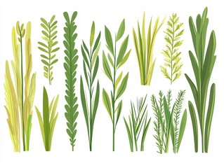 Naklejka premium 2408 57.A set of vector illustrations showcasing different grass types, with each blade designed in a flat, minimalist style. The green grass stands tall and vibrant, forming a uniform pattern