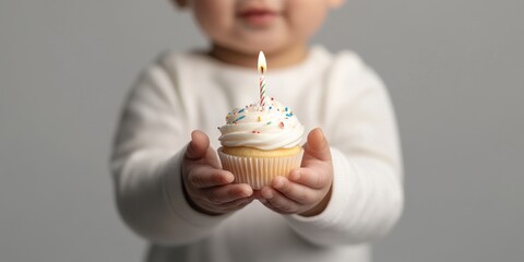 Adorable baby holding cupcake with candle for first birthday celebration