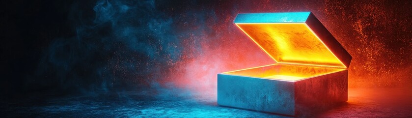 A glowing treasure chest with vibrant light emanating from within, set against a smoky blue and orange background.