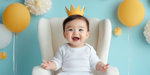 Adorable baby in crown sitting on chair with balloons and flowers on blue background