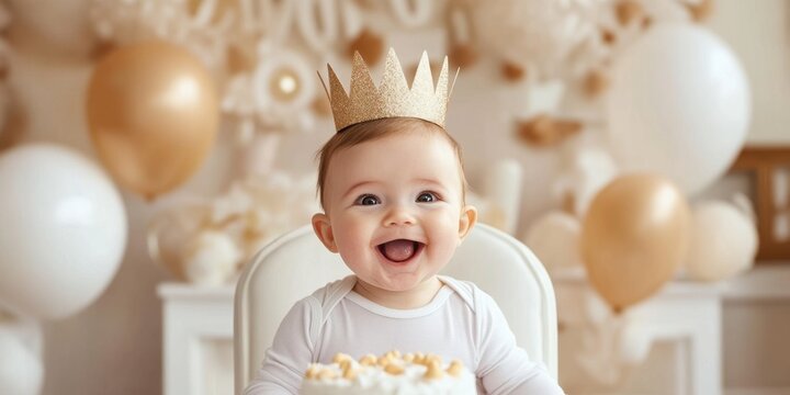 Smiling baby with crown celebrating first birthday in gold and white decor