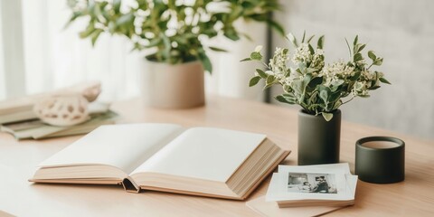 Cozy home study scene with open book, flowers, and photos on wooden desk
