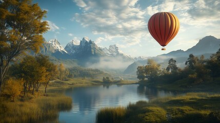 Obraz premium Scenic Landscape with Hot Air Balloon Over Mountains