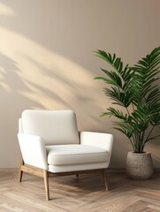 Modern white armchair beside a stylish plant against a neutral wall, perfect for cozy living spaces.