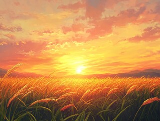Fototapeta premium 2408 65.A stunning sunset landscape featuring a vast grass field bathed in golden light. The soft, swaying grasses are lit by the sunbeam, creating long, serene shadows across the meadow. The horizon