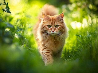 2408 81.A summer portrait of a fluffy red Siberian cat walking gracefully through a lush green garden. The catâ€™s thick fur gleams under the warm sunlight, with vibrant green grass framing the scene.
