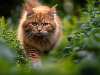 Obraz premium 2408 84.A close-up summer portrait of a fluffy Siberian red cat walking confidently through a green garden. The catâ€™s rich orange fur contrasts with the deep green grass, creating a vibrant natural