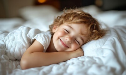 Happy smile child sleep with good dream in bed, Generative AI