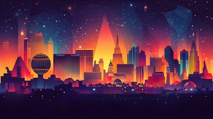 Vibrant Cityscape of Las Vegas Landmarks at Night with Abstract Backdrop