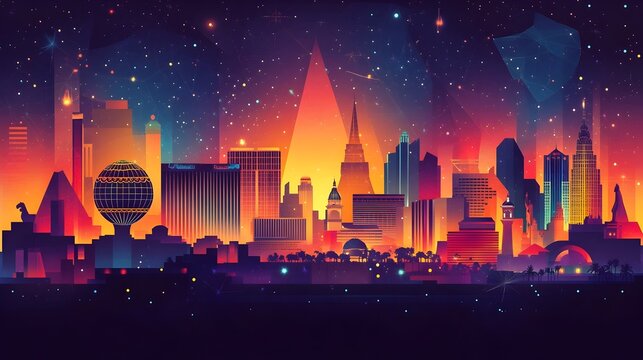 Vibrant Cityscape of Las Vegas Landmarks at Night with Abstract Backdrop