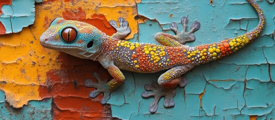 Colorful gecko lizard on a textured blue and orange wall.