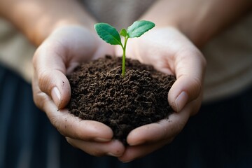 Hands Holding Fresh Soil and Young Plant
