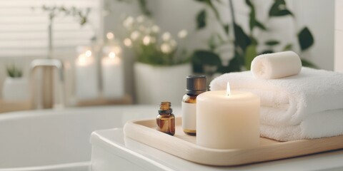 Tranquil spa: aromatherapy candles and essential oils in serene bathroom setting