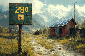 Obraz premium A rustic road leading to a small village nestled in the foothills of snow-capped mountains with a signpost showing 280 and a solar panel on the roof of a house.