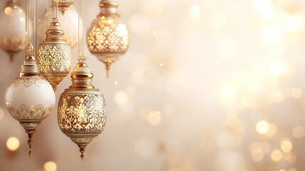 Fototapeta premium Luxurious Arabian background featuring ornate white gold lanterns hanging gracefully the left side casting a soft glow The right side is left blank for text creating an elegant Ramadan Kareem design