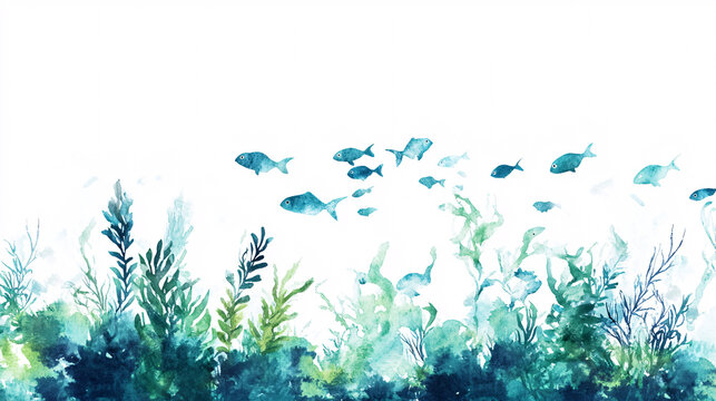 watercolor blue green sea life illustration with fish and seaweed underwater scene