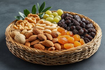 Mix of dry fruits and nuts in a wicker plate, branch with young green leaves. Concept of the Jewish holiday Tu Bishvat 