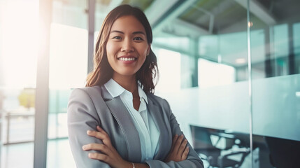 a smiling confident  asian business women with one piece dress standing in office
