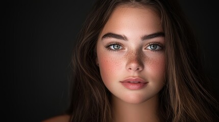  A close-up of a woman's face adorned with freckles