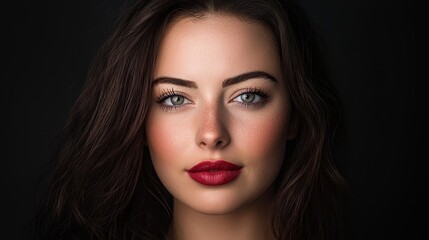 Fototapeta premium A tight shot of a woman with dark hair, blue eyes, and red lipstick against a black backdrop