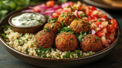 Crispy falafel balls served on a bed of couscous with a side of tzatziki sauce and a colorful Mediterranean salad