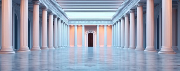 Spacious hall with tall columns and a grand entrance, bright interior and glossy floor reflecting the architecture.