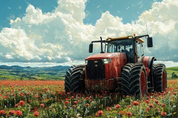 Obraz premium A red tractor is parked in a field of red flowers with rolling hills and a blue sky in the background.