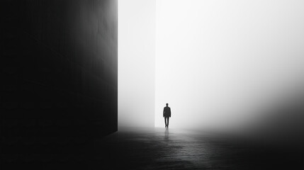 A man walks into the fog, a black and white photograph of an empty room with high walls. The light in front of him illuminates his silhouette