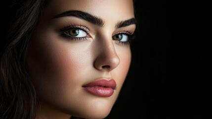 Fototapeta premium Close-up of a woman with long dark hair against black backdrop, her blue eyeshadowed gaze intently fixed on the camera
