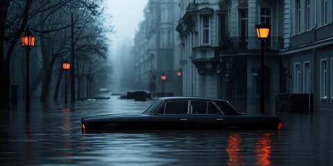 Vintage car submerged in flooded street of mysterious cityscape at dusk with warm lamp glow