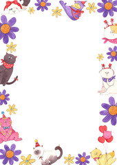 Purple flowers, yellow flowers, white cat, Siamese cat, purple cat tied with balloons., hand-drawn watercolor frame design