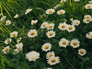 Obraz premium 2408 40.A close-up of white daisies blooming in a lush green field, with vibrant blades of grass forming a soft, natural background. The tiny flowers are scattered throughout the scene, creating a