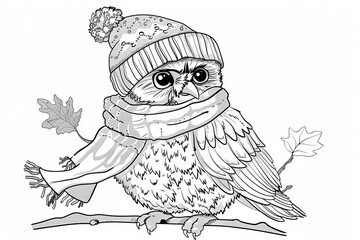 A charming owl wearing a knitted hat and a cozy scarf, perched on a branch, exuding a whimsical winter vibe.