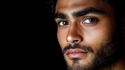 Obraz premium A tight shot of a man's intense face against a black backdrop