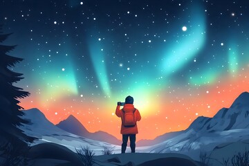 Fototapeta premium Photographer Capturing the Mesmerizing Aurora Borealis at Night in the Mountains