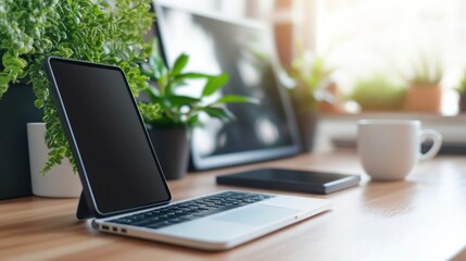 Laptop and Mug on a Wooden Desk with Plants in the Background