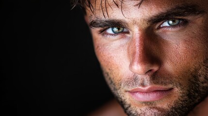 Obraz premium A tight shot of a man's face, bare-chested, displaying a grave expression with piercing blue eyes