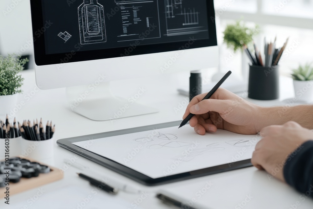Fototapete designer sketching on digital tablet in modern workspace with computer monitor