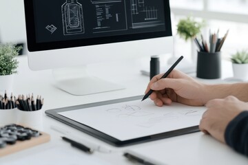 Designer sketching on digital tablet in modern workspace with computer monitor