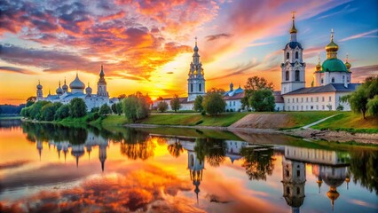 Fototapeta premium Stunning Reflection of Kremlin Square from Vologda River in Russia - Architectural Landscape Photography