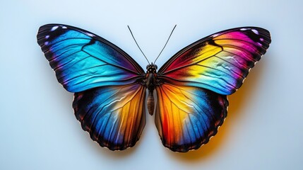 Fototapeta premium Vibrant butterfly resting on a white surface, wings outstretched showcasing bright colors, surrounded by a faint yellow gradient for a subtle contrast