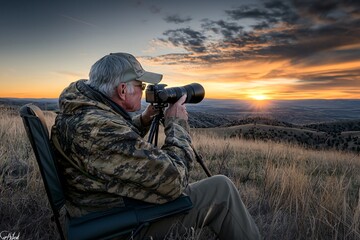 A photographer setting up a shot in the wilderness, capturing the perfect angle of a sunset, showcasing patience and persistence