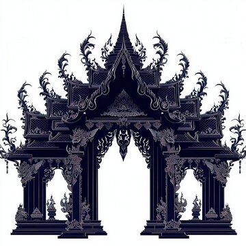 recommend clip art: Thai Temple Architecture Silhouette  Ornate Gateway  Isolated on White Background